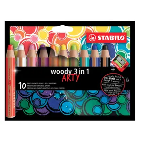 Kredka, linia wodna i pisak woskowy w jednym STABILO woody 3 w 1 ARTY - zestaw 10 szt. + temperówka